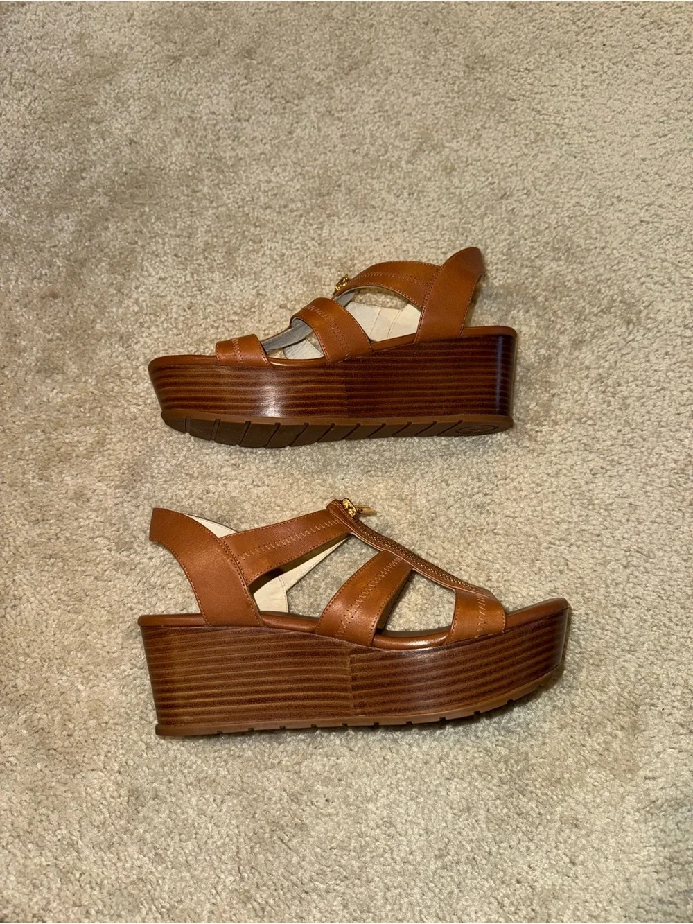 NWOT Michael Kors Berkeley Leather Wedge Zip-Front Sandals - Brown